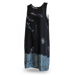 Vintage Weekend Clothes Line Midi Dress Koi Fish Printed 100% Rayon Artsy Size M